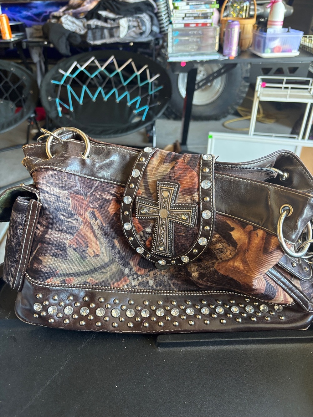 Studded Camouflage Cross Accent Leather-Trim Shoulder Bag - Brown